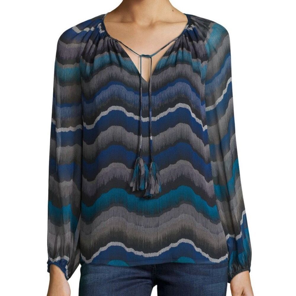 Diane Von Furstenberg Blue, Teal & Gray Wavy Print Long-Sleeve Blouse